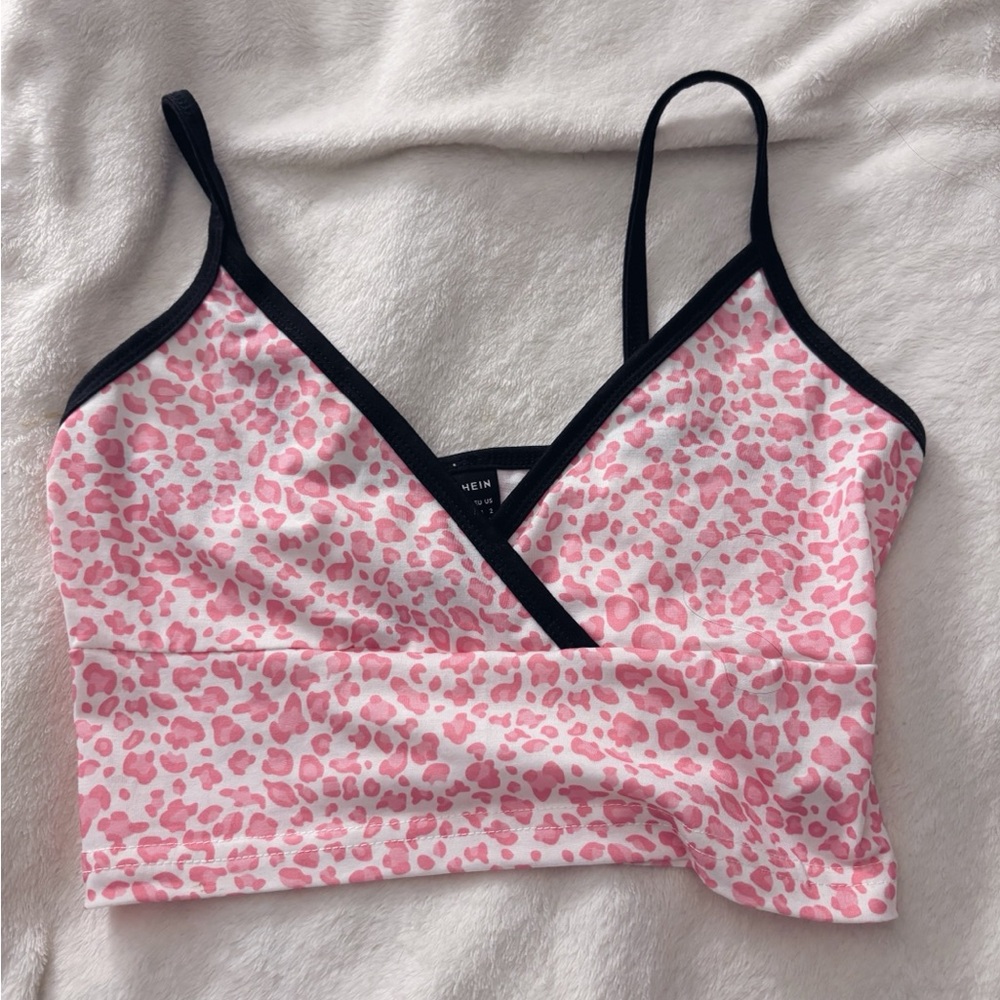 SHEIN Pink Animal Print V-Neck Crop Top